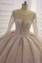 Gorgeous Long Ball Gown Bateau Crystal Wedding Dresses with Sleeves