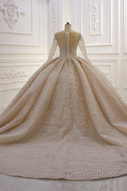 Gorgeous Long Ball Gowns Bateau Crystal Wedding Dresses with Sleeves