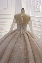 Gorgeous Long Ball Gown Bateau Crystal Wedding Dresses with Sleeves