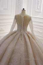 Gorgeous Long Ball Gowns Bateau Crystal Wedding Dresses with Sleeves