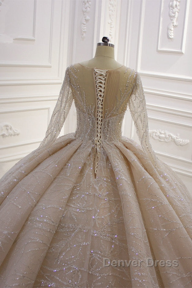 Gorgeous Long Ball Gowns Bateau Crystal Wedding Dresses with Sleeves