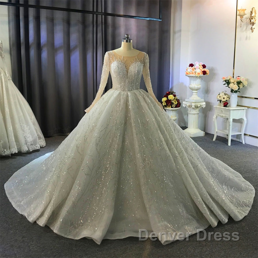 Gorgeous Long Ball Gown Bateau Crystal Wedding Dresses with Sleeves