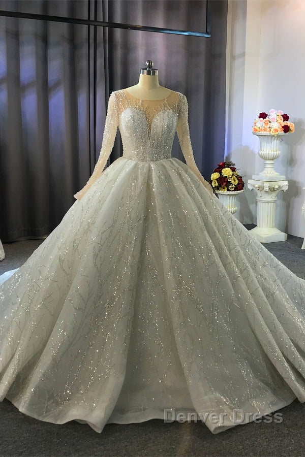 Gorgeous Long Ball Gown Bateau Crystal Wedding Dresses with Sleeves