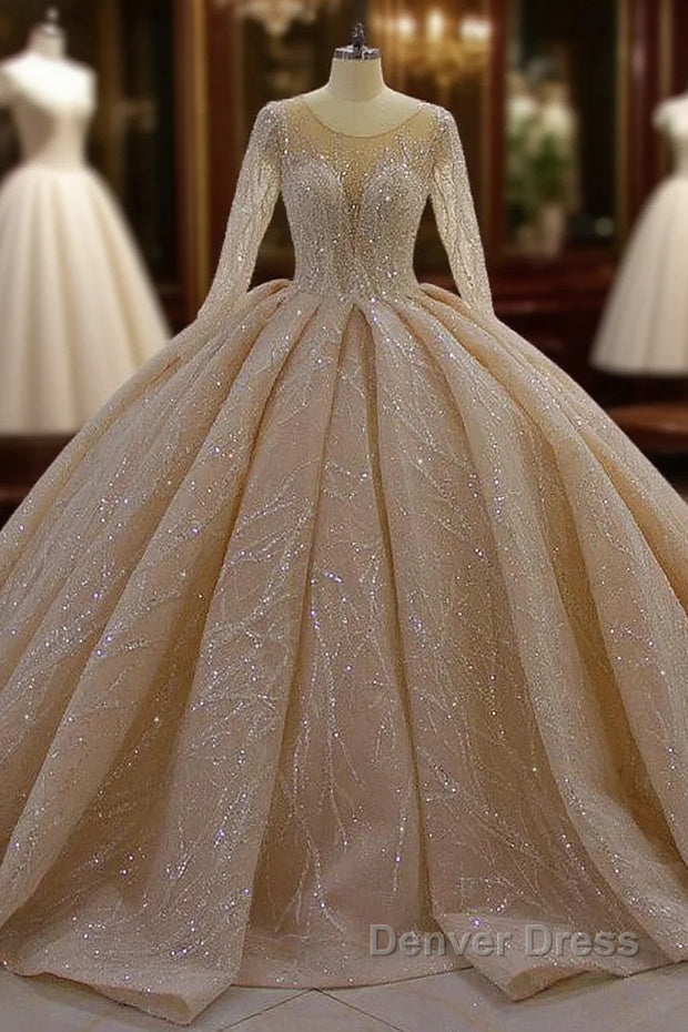 Gorgeous Long Ball Gown Bateau Crystal Wedding Dresses with Sleeves Main image