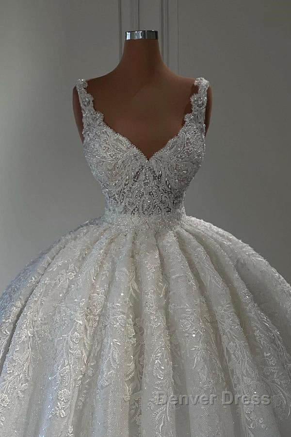 Gorgeous Long Ball Gown Sweetheart Sleeveless Lace Wedding Dresses with Ruffles