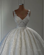 Gorgeous Long Ball Gown Sweetheart Sleeveless Lace Wedding Dresses with Ruffles