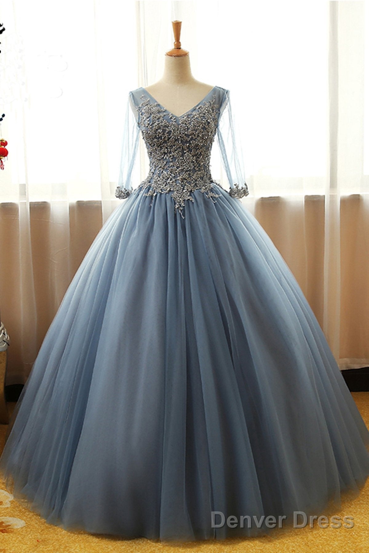 Gorgeous Long Blue Half Sleeve Prom Dresses, Floor-Length Long Dusty Blue Ball Gown Party Dress Secondary image