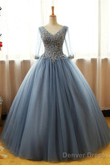 Gorgeous Long Blue Half Sleeve Prom Dresses, Floor-Length Long Dusty Blue Ball Gown Party Dress