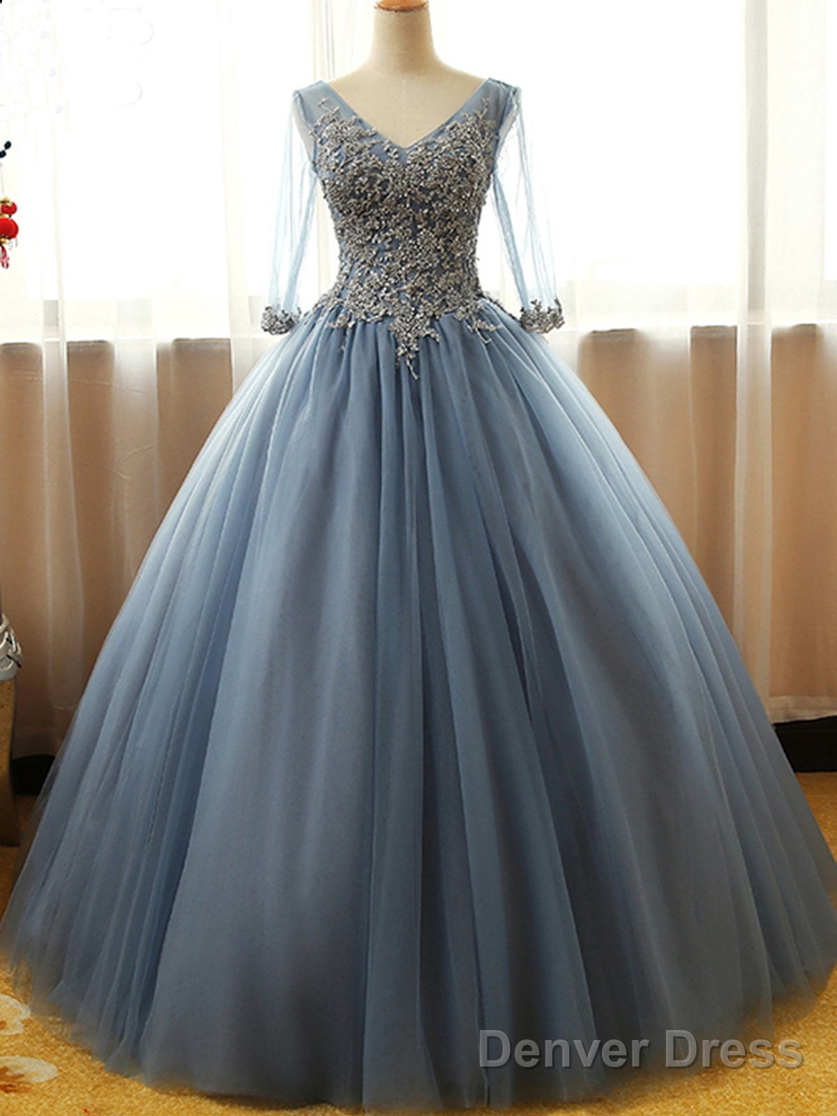 Gorgeous Long Blue Half Sleeve Prom Dresses, Floor-Length Long Dusty Blue Ball Gown Party Dress