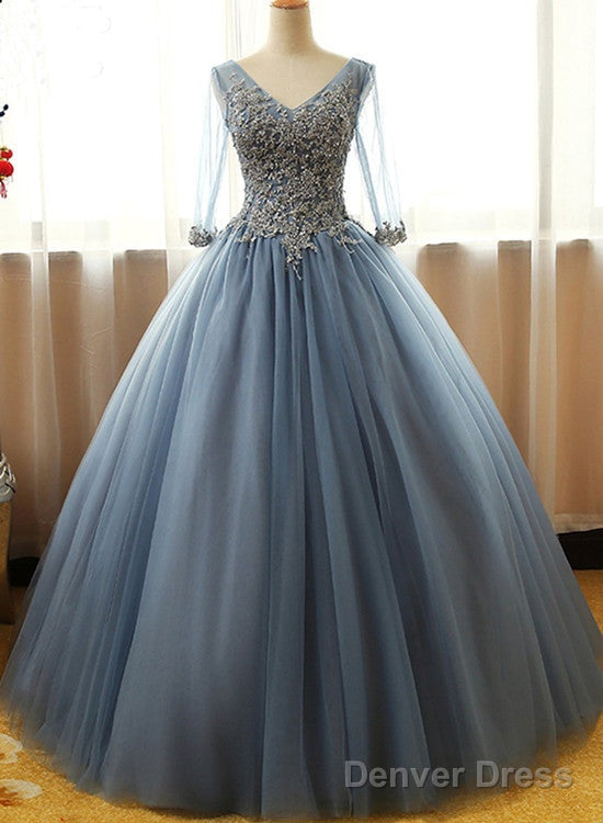 Gorgeous Long Blue Half Sleeve Prom Dresses, Floor-Length Long Dusty Blue Ball Gown Party Dress Main image