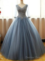 Gorgeous Long Blue Half Sleeve Prom Dresses, Floor-Length Long Dusty Blue Ball Gown Party Dress