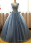 Gorgeous Long Blue Half Sleeve Prom Dresses, Floor-Length Long Dusty Blue Ball Gown Party Dress