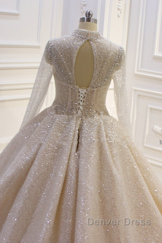 Gorgeous Long High neck Sequin Satin Ball Gowns Wedding Dresses with Sleeves
