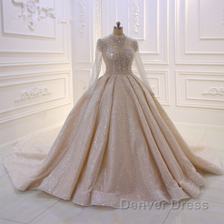 Gorgeous Long High neck Sequin Satin Ball Gown Wedding Dresses with Sleeves