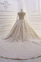 Gorgeous Long High neck Sequin Satin Ball Gown Wedding Dresses with Sleeves