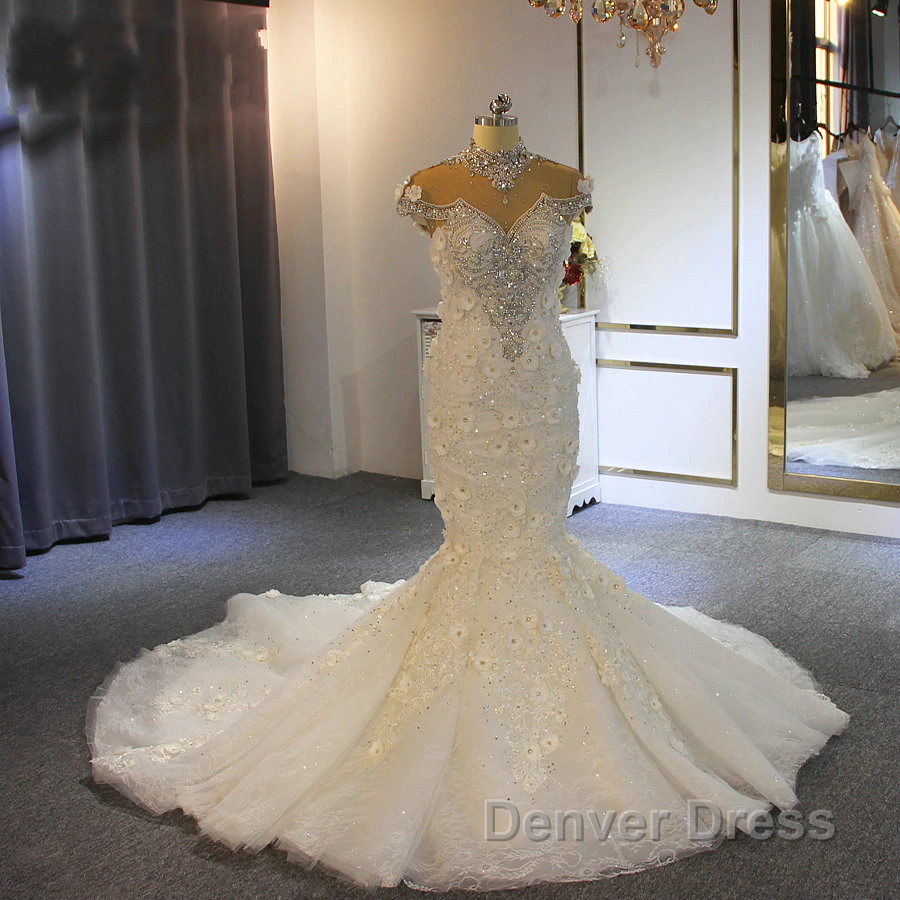 Gorgeous Long Mermaid High Neck Appliques Lace Crystal Tulle Wedding Dresses Secondary image
