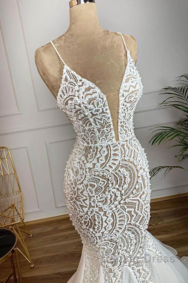 Gorgeous Long Mermaid Sweetheart Beaded Lace Organza Wedding Dresses