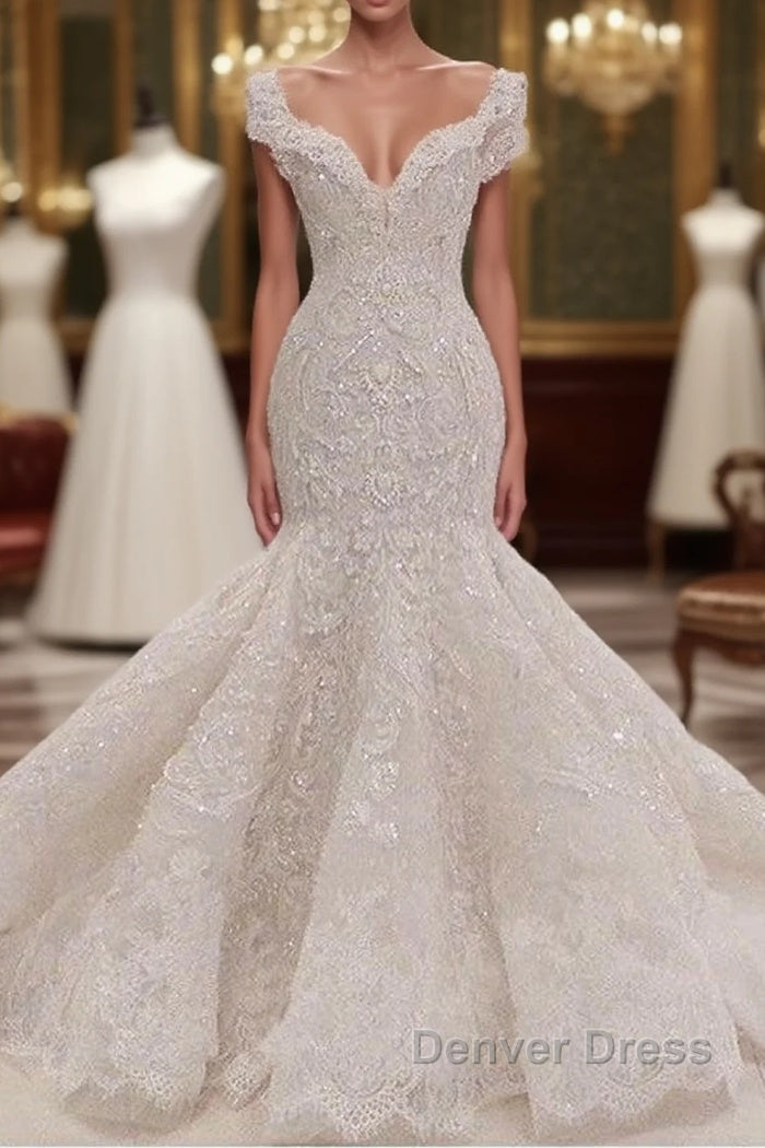 Gorgeous Long Mermaid V Neck Appliques Lace Ruffles Wedding Dresses
