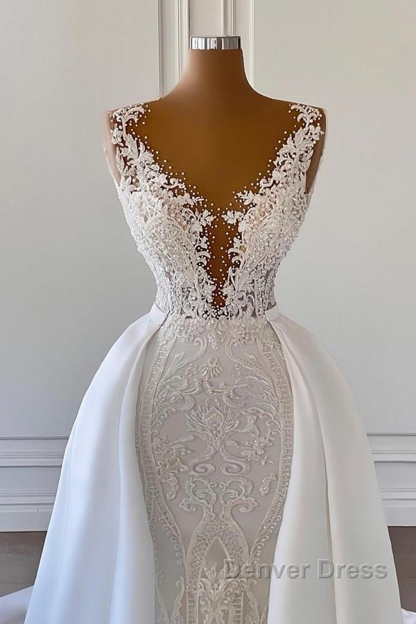 Gorgeous Long Mermaid V Neck Lace Wedding Dresses with Satin Detachable Train Secondary image