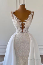 Gorgeous Long Mermaid V Neck Lace Wedding Dresses with Satin Detachable Train