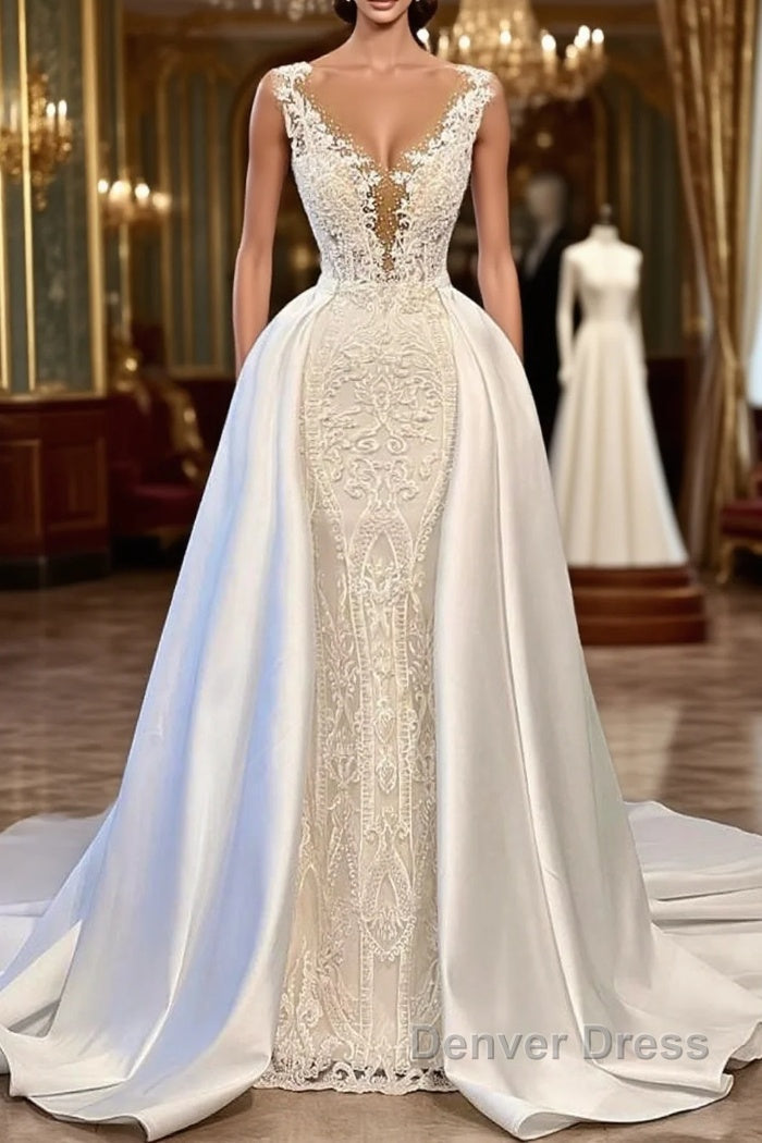 Gorgeous Long Mermaid V Neck Lace Wedding Dresses with Satin Detachable Train Main image