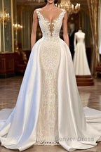 Gorgeous Long Mermaid V Neck Lace Wedding Dresses with Satin Detachable Train