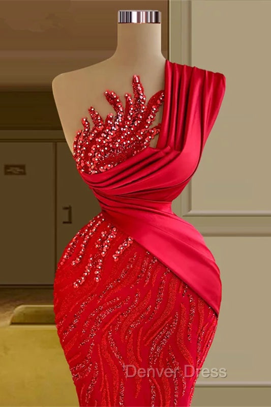 Gorgeous Long Red Mermaid One Shoulder Lace Sequined Sleeveless Prom Dresses Secondary image