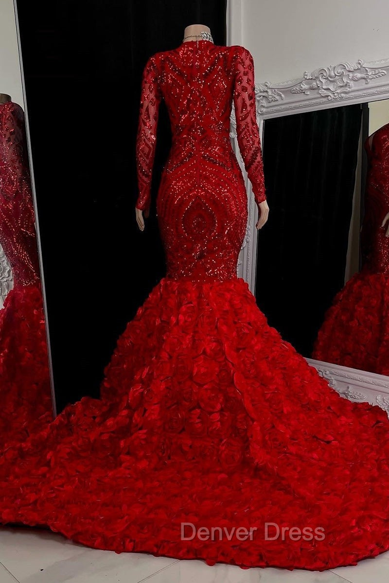 Gorgeous Long Sleeves Sequins Prom Dresses Mermaid V Neck With Flowers Bottom Secondary image