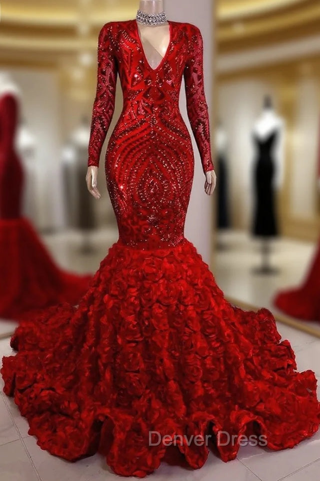 Gorgeous Long Sleeves Sequins Prom Dresses Mermaid V Neck With Flowers Bottom