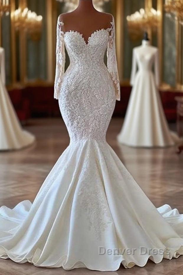 Gorgeous Long Sleeves White Mermaid Bridal Dresses Sweetheart Graden Wedding Dresses Main image