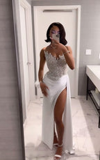 Gorgeous Long White A-Line Prom Dresses With Slit