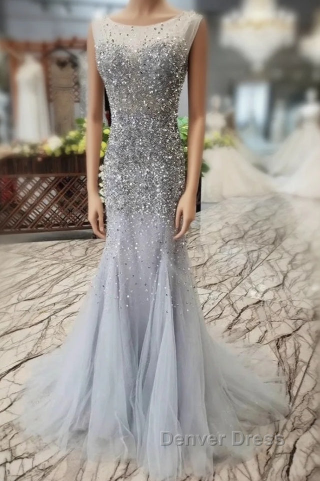 Gorgeous Mermaid Backless Silver Grey Sequins Prom Dress, Mermaid Silver Grey Prom Dress, Shiny Silver Grey Prom Dresses Main image