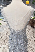 Gorgeous Mermaid Backless Silver Grey Sequins Prom Dress, Mermaid Silver Grey Prom Dress, Shiny Silver Grey Prom Dresses