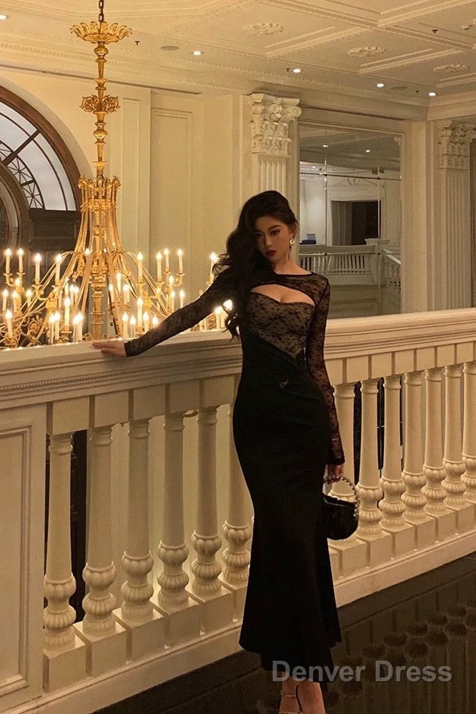 Gorgeous Mermaid Black Lace Date Night Dress Long Prom Dresses Birthday Outfits Main image