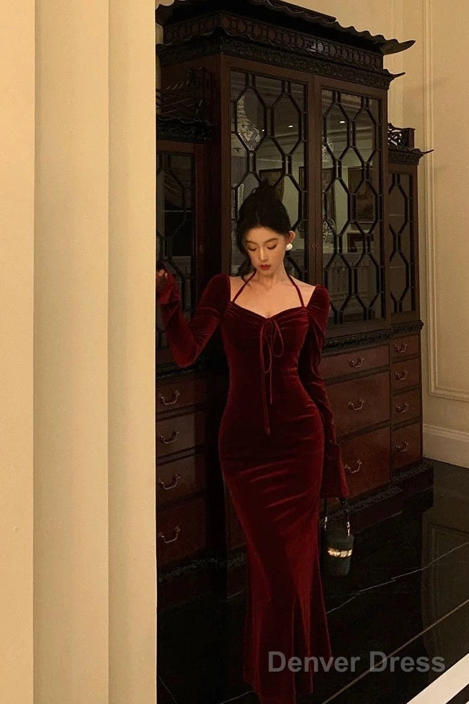 Gorgeous Mermaid Halter Burgundy Date Night Dress Prom Dresses Birthday Outfits