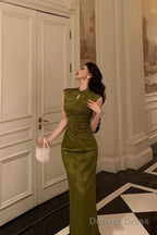 Gorgeous Mermaid High Neckline Green Satin Floral Date Night Dress Long Prom Dresses Birthday Outfits