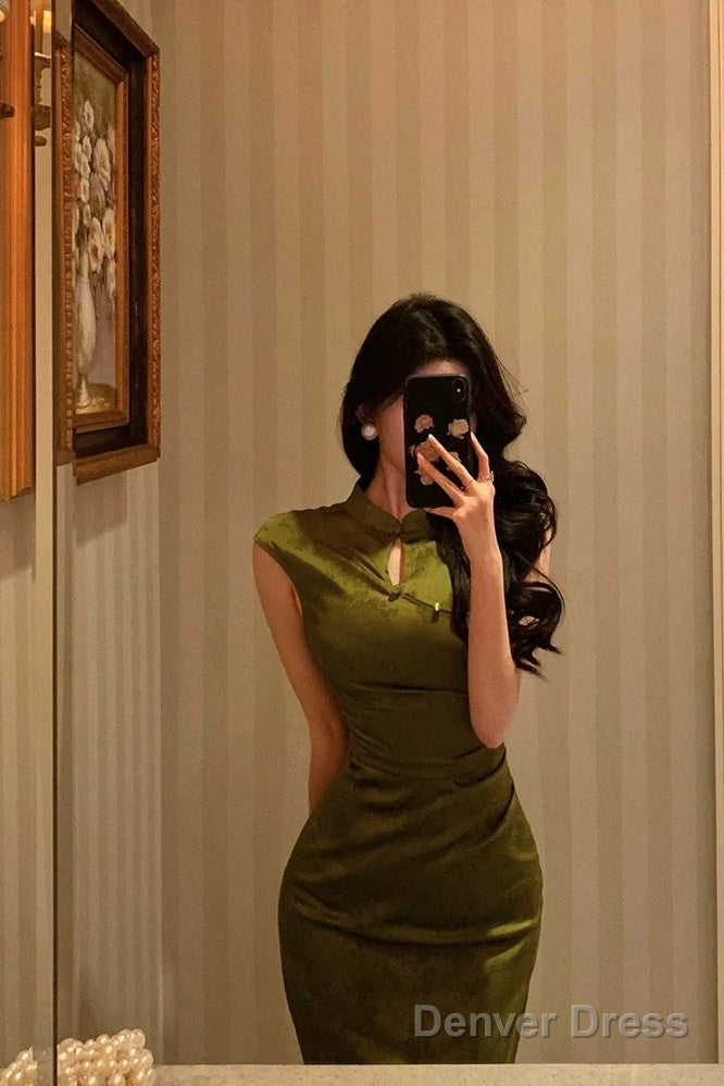 Gorgeous Mermaid High Neckline Green Satin Floral Date Night Dress Long Prom Dresses Birthday Outfits