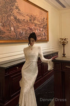 Gorgeous Mermaid High Neckline Ivory Satin Date Night Dress Prom Dresses Birthday Outfits