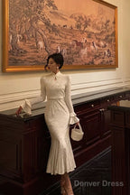 Gorgeous Mermaid High Neckline Ivory Satin Date Night Dress Prom Dresses Birthday Outfits