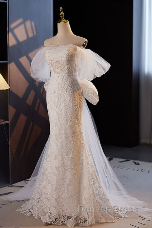 Gorgeous Mermaid Lace Wedding Dresses Party Dresses Off Shoulder With Big Bow