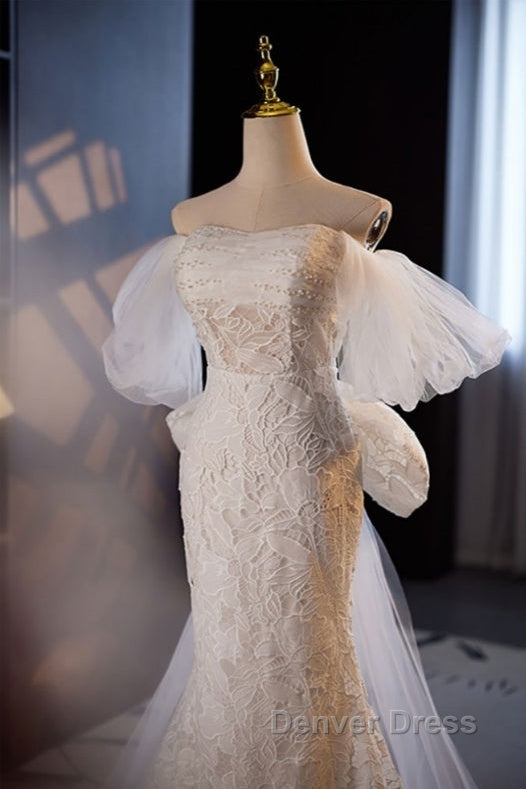 Gorgeous Mermaid Lace Wedding Dress Prom Dresses Off Shoulder With Big Bow