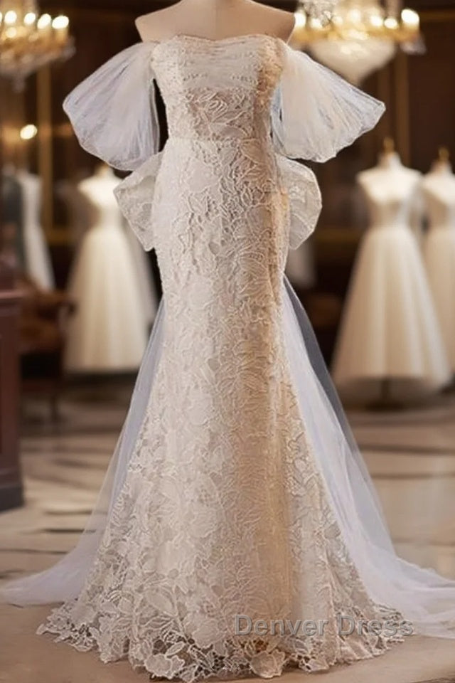 Gorgeous Mermaid Lace Wedding Dresses Party Dresses Off Shoulder With Big Bow