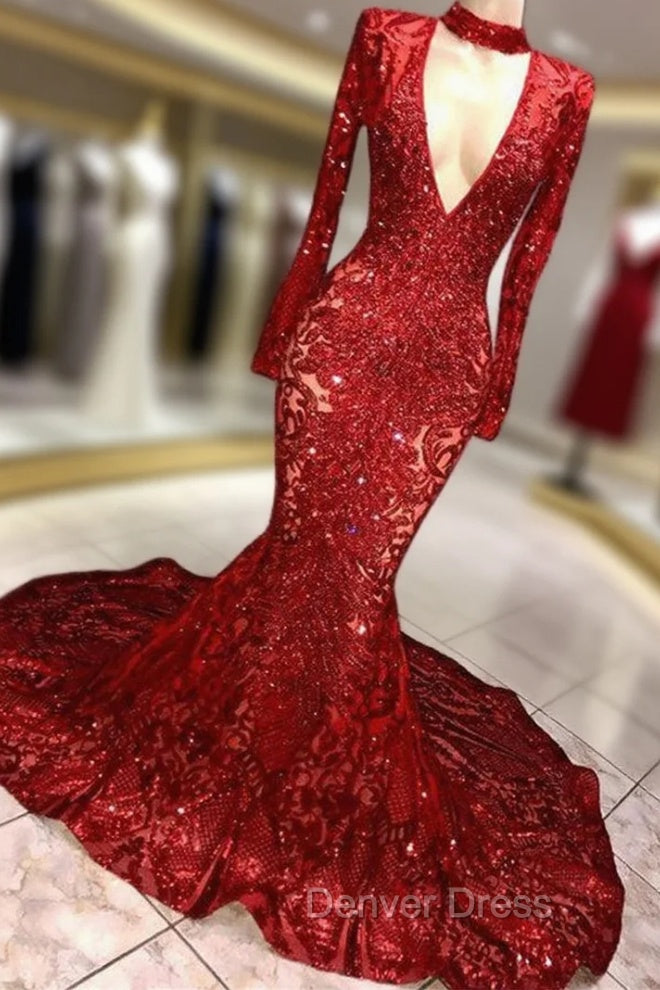 Gorgeous Mermaid Long Sleevess Deep V Neck Lace Applique Prom Dresses Main image