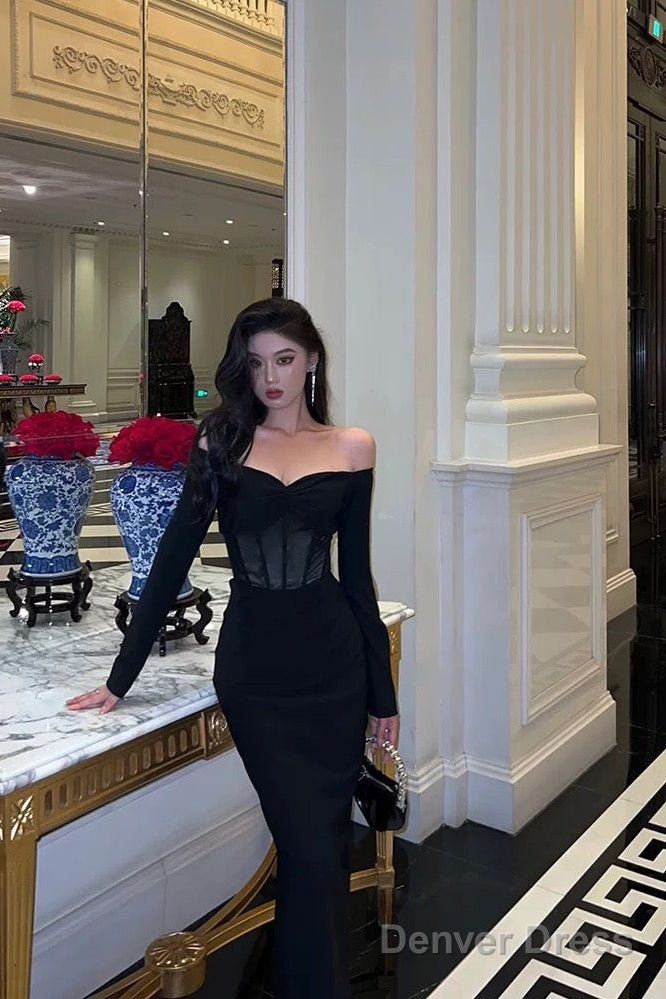 Gorgeous Mermaid Off The Shoulder Long Sleeves Date Night Dress Black Prom Dresses Birthday Outfits Secondary image