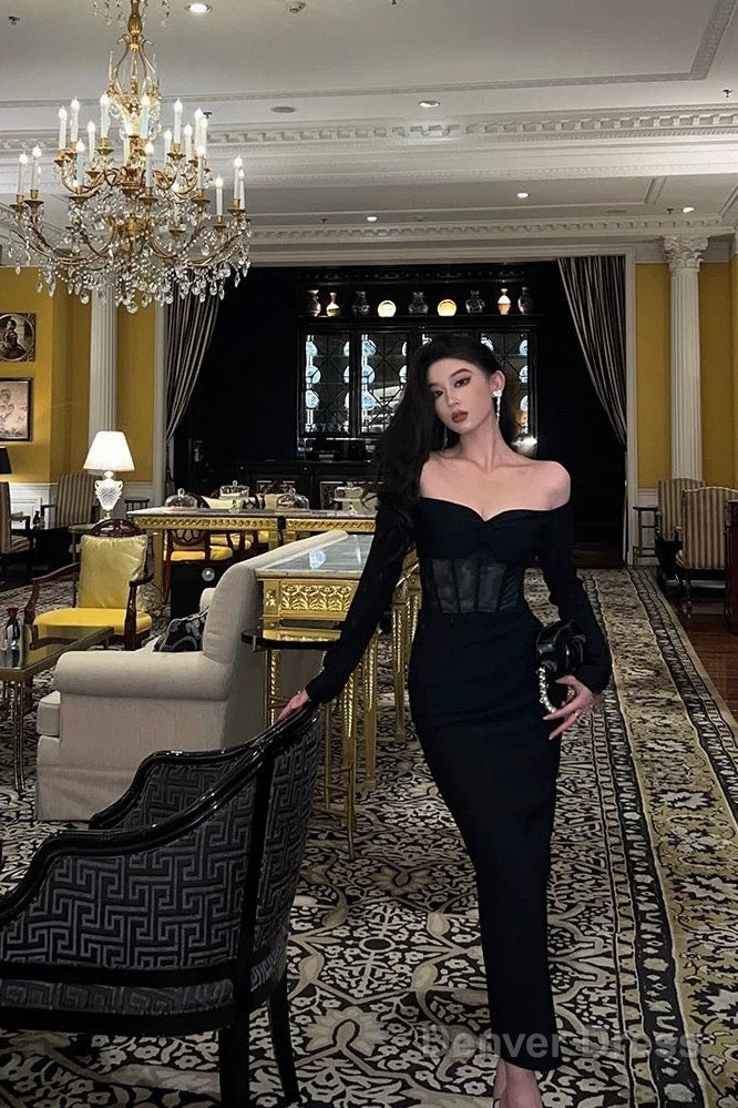 Gorgeous Mermaid Off The Shoulder Long Sleeves Date Night Dress Black Prom Dresses Birthday Outfits