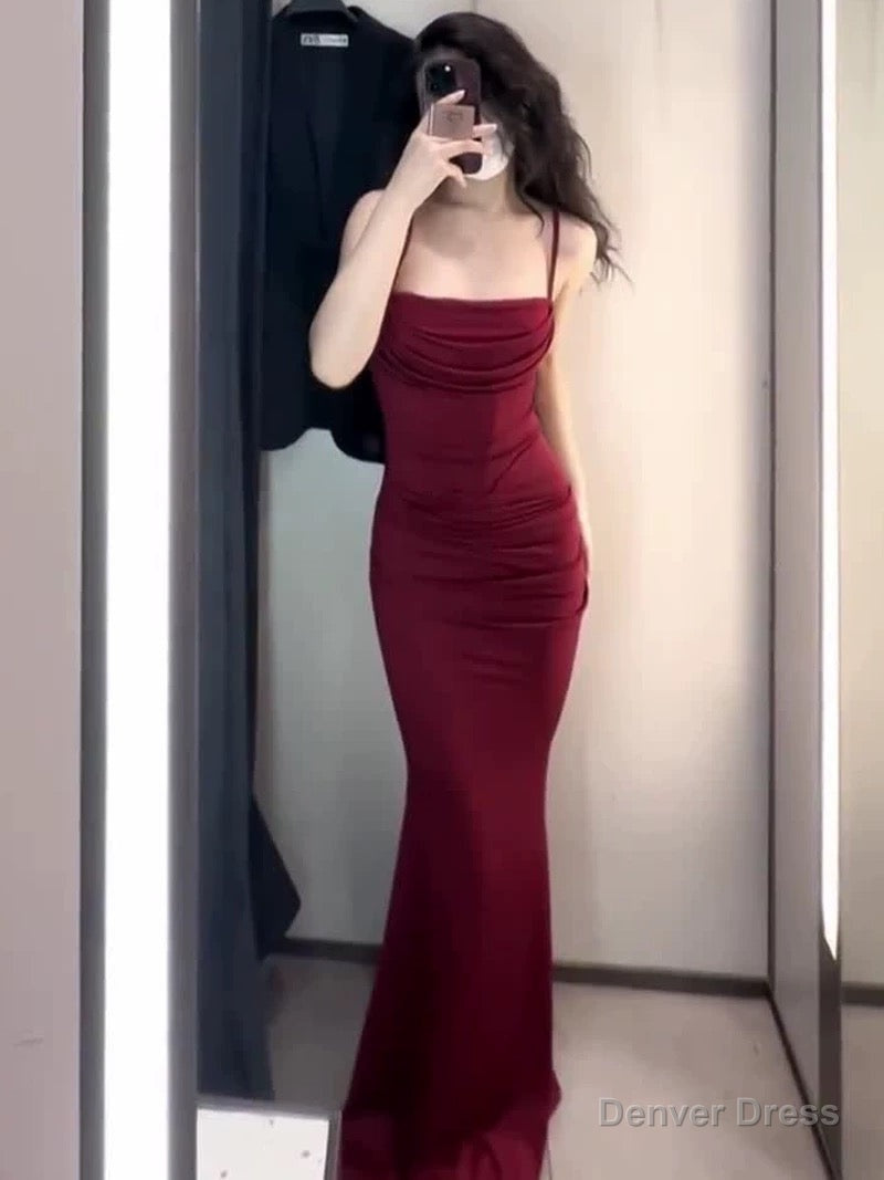 Gorgeous Mermaid Spaghetti Straps Burgundy Velvet Long Prom Dresses Formal Evening Dress