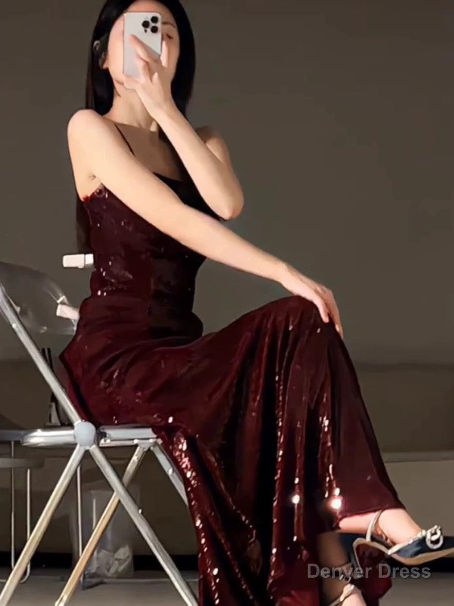 Gorgeous Mermaid Spaghetti Straps Burgundy Sequin Prom Dress Birthday Outfits