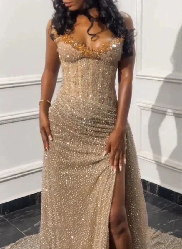 Gorgeous Mermaid Spaghetti Straps Floor Length Sequin Slit Prom Dress