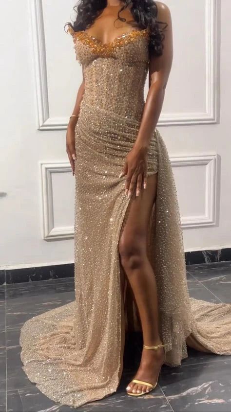 Gorgeous Mermaid Spaghetti Straps Floor Length Sequin Slit Prom Dress
