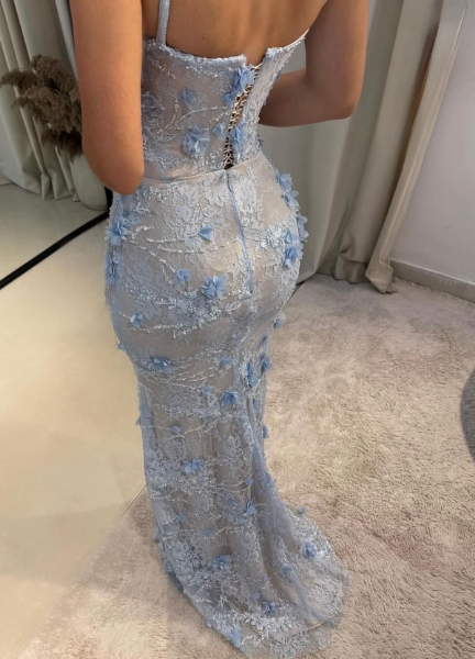 Gorgeous Mermaid Spaghetti Straps Satin Applique Long Prom Dress,Prom Dresses